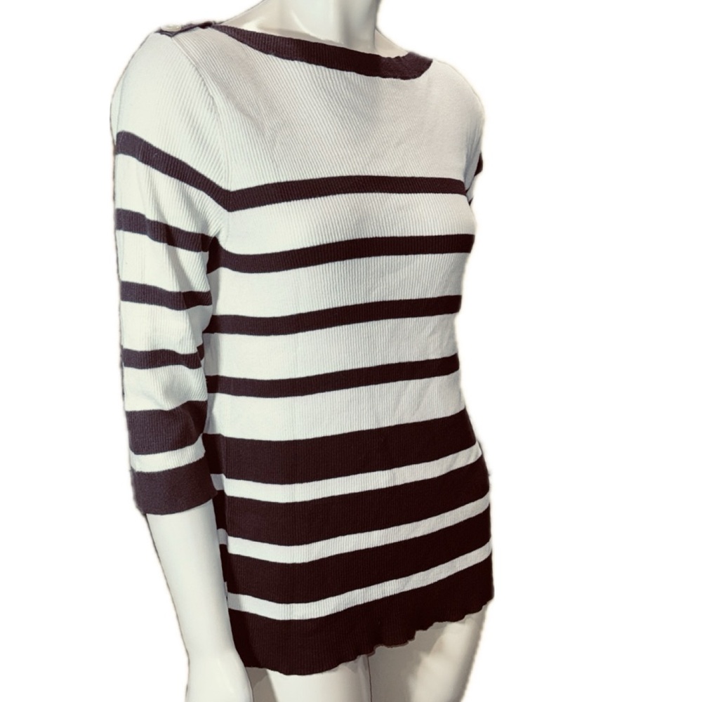 Ralph Lauren White and Dark Brown Striped Crewneck Sweater